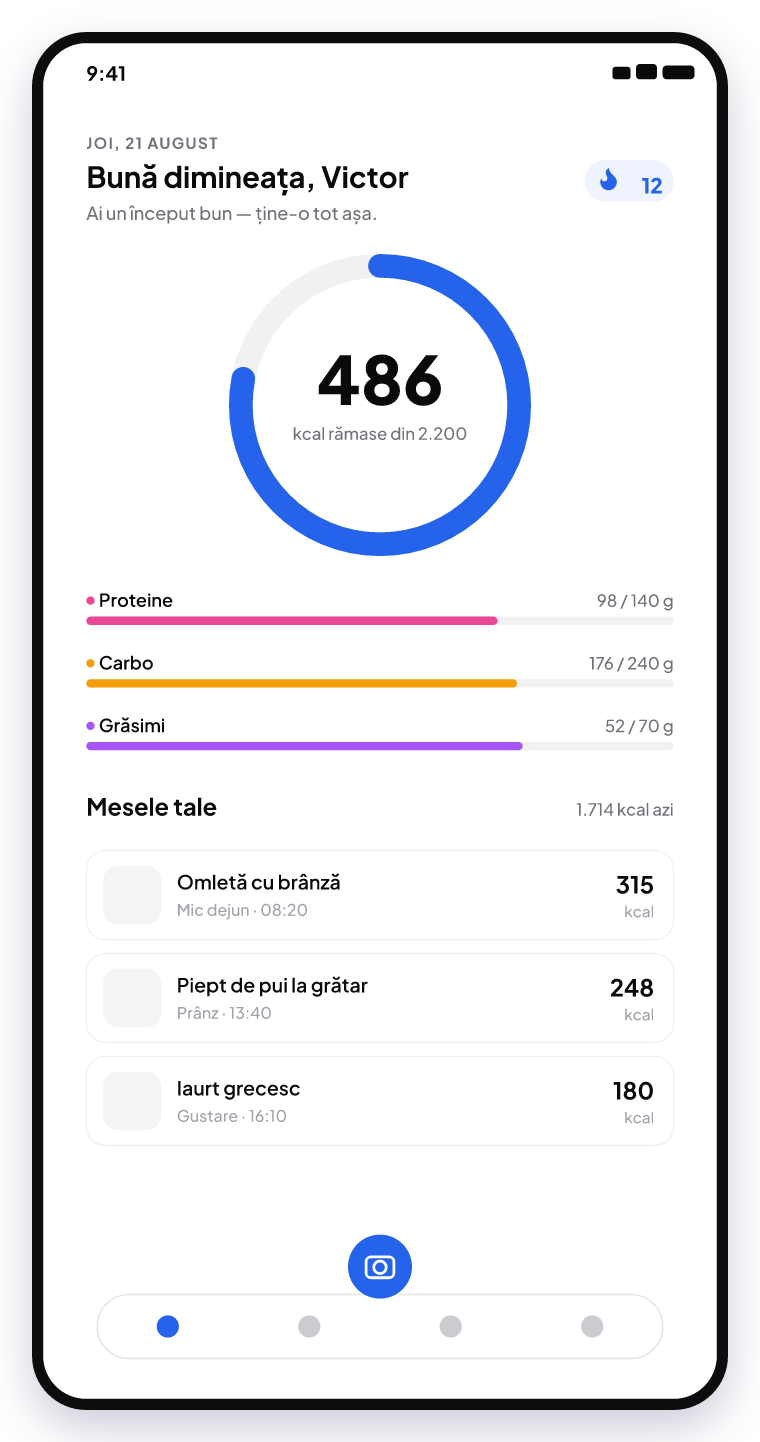Ecranul principal PoftAI: inel de calorii cu 486 kcal rămase, bare de macronutrienți și mesele zilei